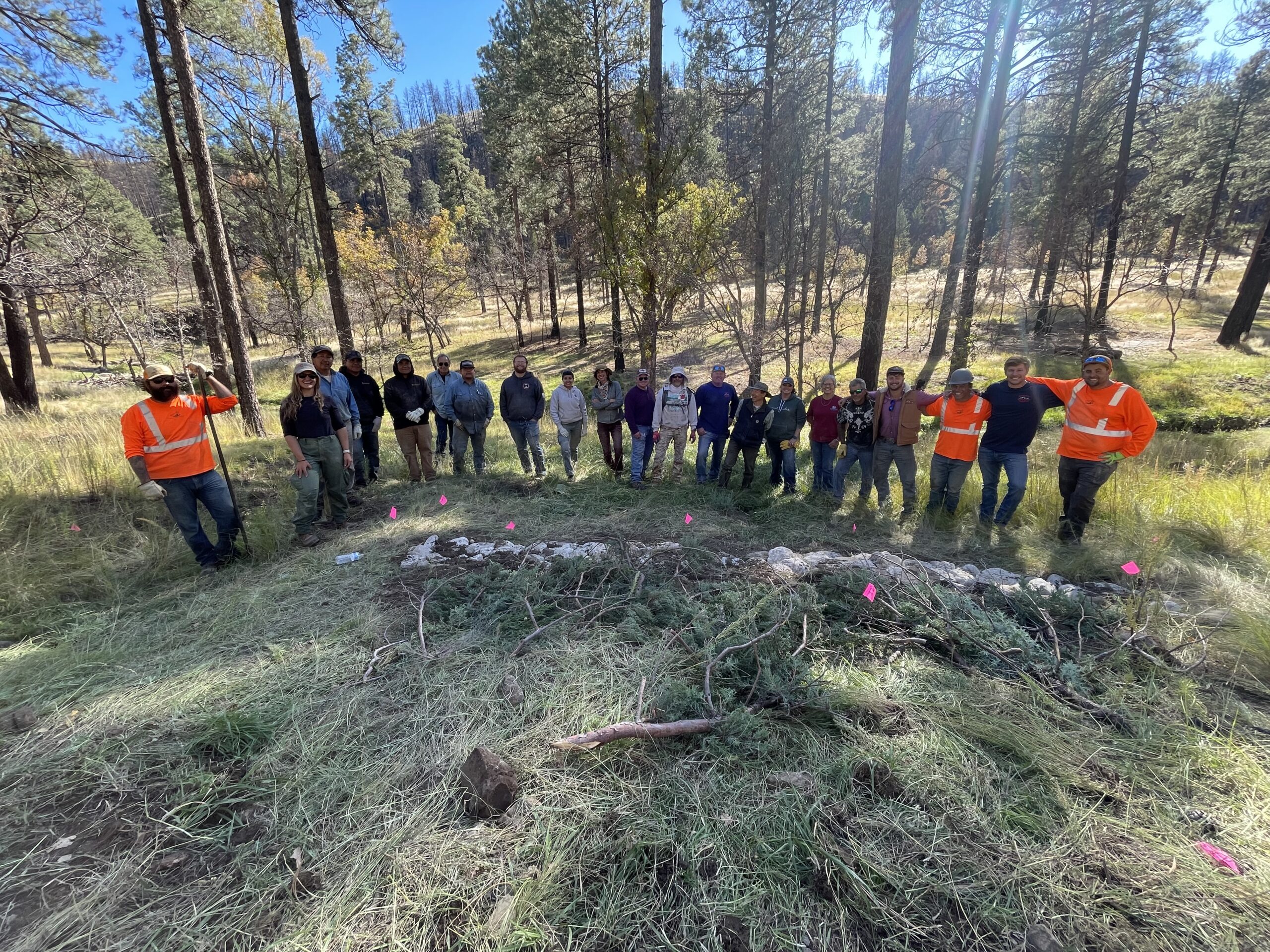 A crowd of people stand in a line behind a rock and brush structure with trees in the background.