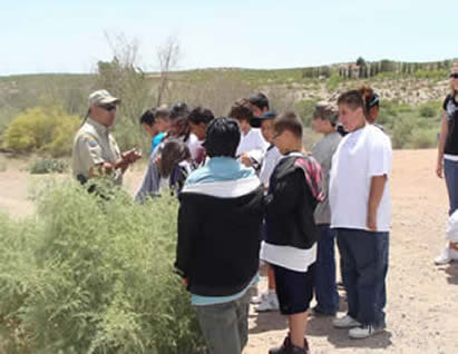 A group of young adults listen to a ranger while standing outside